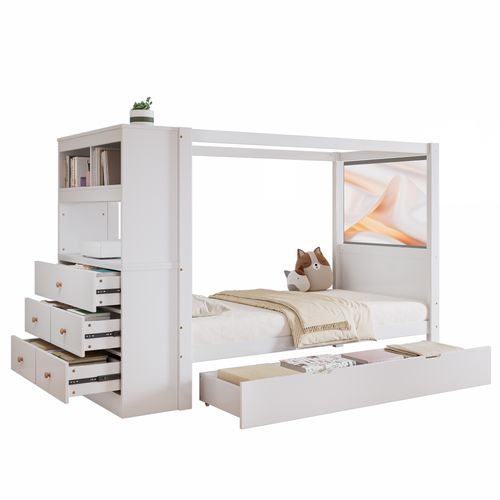 Lit Simple Enfant 90x200 Cm -tiroirs à Roulettes -rangement-barrière Sécurité-bois -blanc Et Naturel