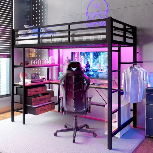 Lit Mezzanine 90x200 Cm Avec Bureau Et Rangement 3 Tiroirs - Métal Et Mdf - Sécurisé - Noir