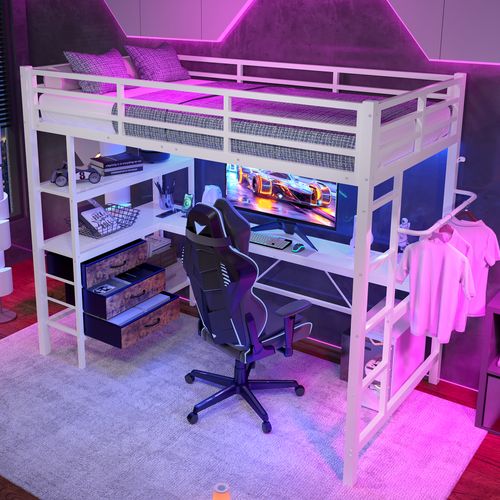 Lit Mezzanine 90x200 Cm Avec Bureau Et Rangement 3 Tiroirs - Métal Et Mdf - Sécurisé - Blanc