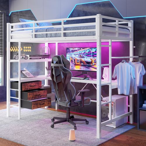 Lit Mezzanine 90x200 Cm Avec Bureau Et Rangement 3 Tiroirs - Métal Et Mdf - Sécurisé - Blanc