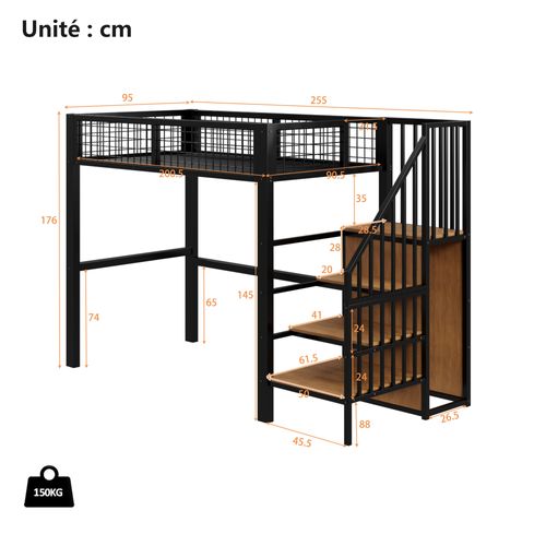 Lit Mezzanine 90x200 Cm - Étagères - Armoire - Échelle Sécurisée - Rangement Intégré - Métal - Noir