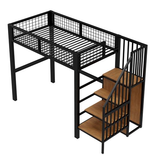 Lit Mezzanine 90x200 Cm - Étagères - Armoire - Échelle Sécurisée - Rangement Intégré - Métal - Noir