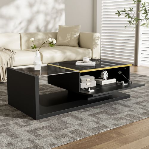 Table Basse - Design Moderne - Effet LED - Plateau En Verre - Finition Haute Brillance - Mdf - Noir