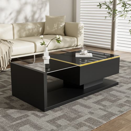 Table Basse - Design Moderne - Effet LED - Plateau En Verre - Finition Haute Brillance - Mdf - Noir