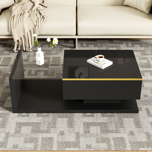 Table Basse - Design Moderne - Effet LED - Plateau En Verre - Finition Haute Brillance - Mdf - Noir