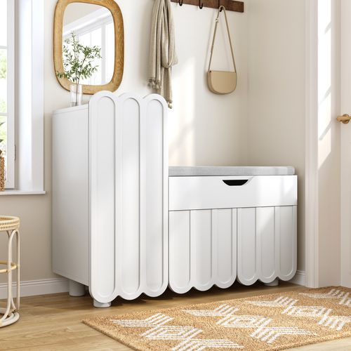 Meuble à Chaussures Design Avec 3 Portes Et Banc, Meuble D’entrée Moderne Avec Tiroir Et Étagères