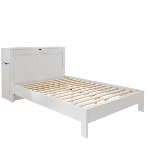 Lit Double 140x200 Cm En Bois Avec Rangement Et Tables De Chevet Coulissantes,Blanc