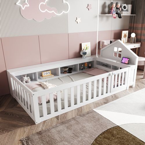 Lit Enfant 90x200 Cm - Lit Cabane Bois Avec Toit, Sécurité Et Rangement, Pin Mdf, Blanc