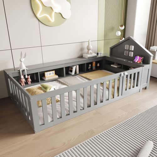 Lit Enfant 90x200 Cm - Lit Cabane Bois Avec Toit Et Sécurité - Espace De Rangement - Gris