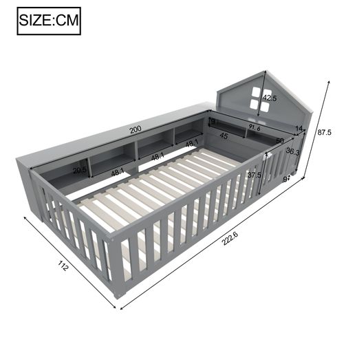 Lit Enfant 90x200 Cm - Lit Cabane Bois Avec Toit Et Sécurité - Espace De Rangement - Gris
