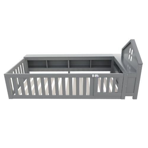 Lit Enfant 90x200 Cm - Lit Cabane Bois Avec Toit Et Sécurité - Espace De Rangement - Gris