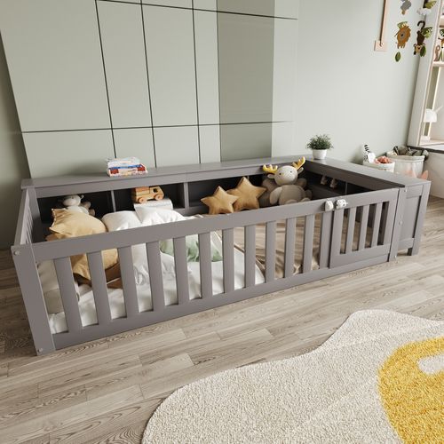 Lit Enfant 90x200 Cm - Lit Cabane Bois Avec Sécurité Et Rangement, Structure En Pin Mdf, Gris