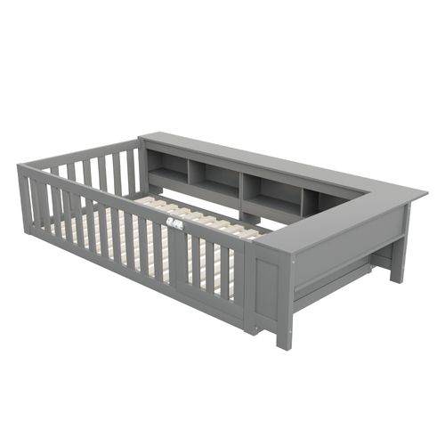 Lit Enfant 90x200 Cm - Lit Cabane Bois Avec Sécurité Et Rangement, Structure En Pin Mdf, Gris