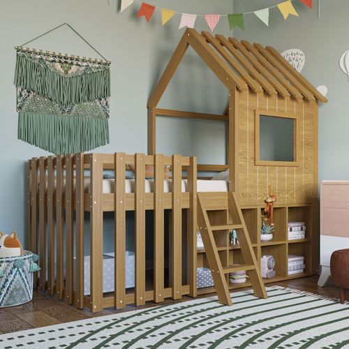 Lit Enfant 90x200 Cm - Cabane Mi-hauteur - Échelle Intégrée - Toit Et Fenêtres Décoratifs - Bois