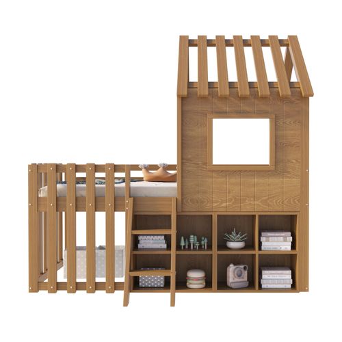Lit Enfant 90x200 Cm - Cabane Mi-hauteur - Échelle Intégrée - Toit Et Fenêtres Décoratifs - Bois