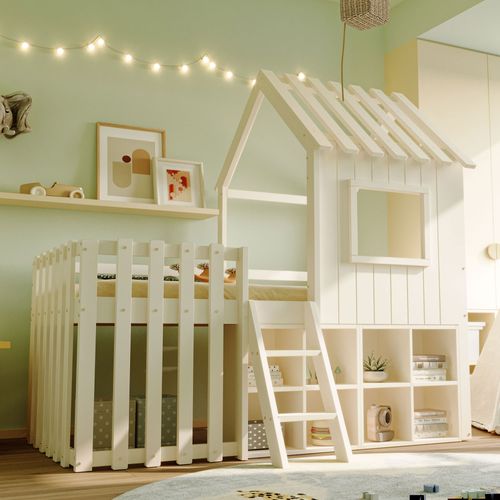 Lit Enfant 90x200 - Lit Cabane - Échelle Intégrée - Toit Et Fenêtres Décoratives - Blanc