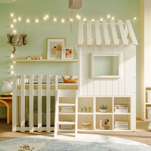 Lit Enfant 90x200 - Lit Cabane - Échelle Intégrée - Toit Et Fenêtres Décoratives - Blanc