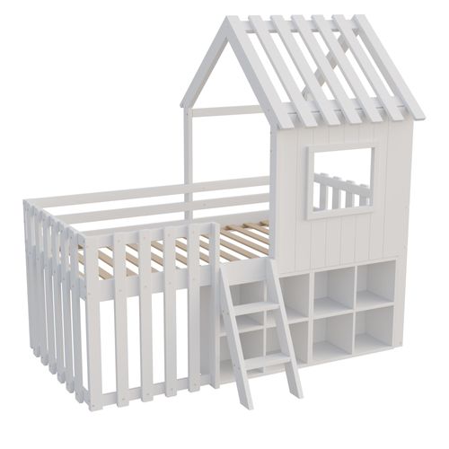 Lit Enfant 90x200 - Lit Cabane - Échelle Intégrée - Toit Et Fenêtres Décoratives - Blanc