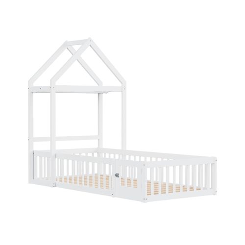 Lit Enfant 90x200 Cm - Lit Simple Avec Barrières Sécurité - Porte Rangement - Bois +mdf - Blanc