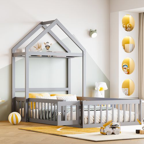 Lit Enfant 90x200 Cm - Lit Simple Bois Massif - Portes De Rangement - Barrières Sécurité - Gris