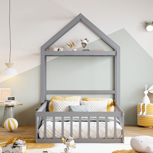 Lit Enfant 90x200 Cm - Lit Simple Bois Massif - Portes De Rangement - Barrières Sécurité - Gris