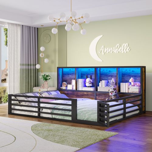 Lit Bébé 140x200 Cm - Lit Avec Rangement Latéral Et LED - Métal Et Mdf - Noir