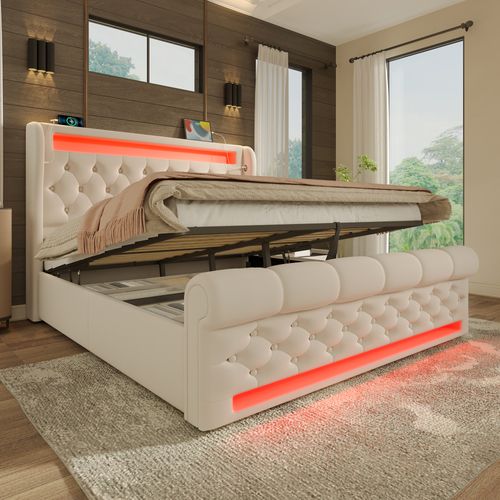 Lit Coffre 160x200 Cm - Lit Double - Rangement - LED Rgb - Prises USB Et Type-c - Velours - Beige