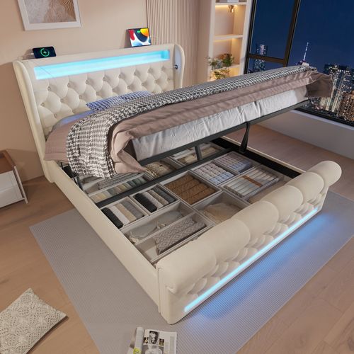 Lit Coffre 160x200 Cm - Lit Double - Rangement - LED Rgb - Prises USB Et Type-c - Velours - Beige