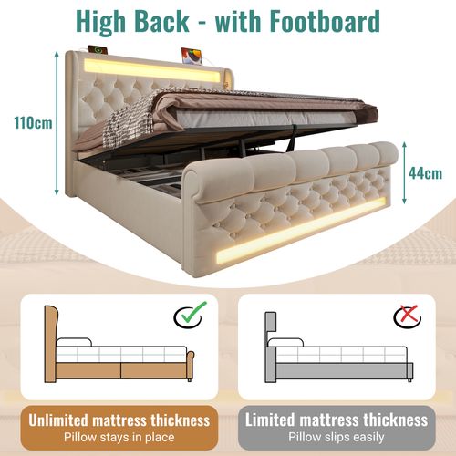 Lit Coffre 160x200 Cm - Lit Double - Rangement - LED Rgb - Prises USB Et Type-c - Velours - Beige