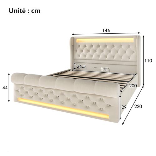 Lit Coffre 140x200 Cm - Lit Double - Rangement - Éclairage LED - USB Et Type-c - Velours - Beige
