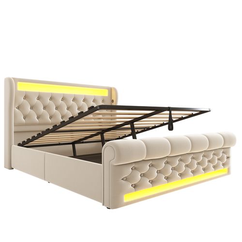 Lit Coffre 140x200 Cm - Lit Double - Rangement - Éclairage LED - USB Et Type-c - Velours - Beige