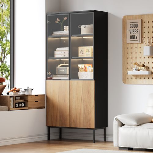 Vitrine Haute - Éclairage LED - 5 Étagères En Verre - Meuble De Rangement Salon - Naturel