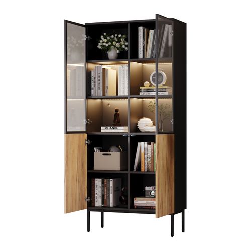 Vitrine Haute - Éclairage LED - 5 Étagères En Verre - Meuble De Rangement Salon - Naturel