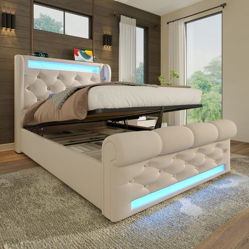 Lit Coffre 90x200 Cm - Lit Simple - Éclairage LED Prises USB - Rangement Pratique - Velours Beige