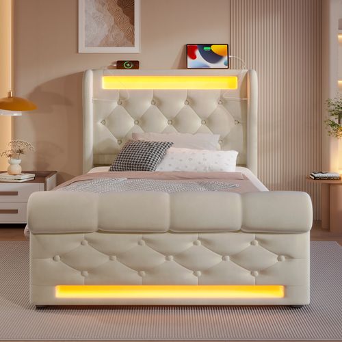 Lit Coffre 90x200 Cm - Lit Simple - Éclairage LED Prises USB - Rangement Pratique - Velours Beige