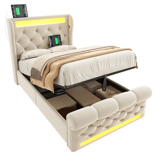 Lit Coffre 90x200 Cm - Lit Simple - Éclairage LED Prises USB - Rangement Pratique - Velours Beige