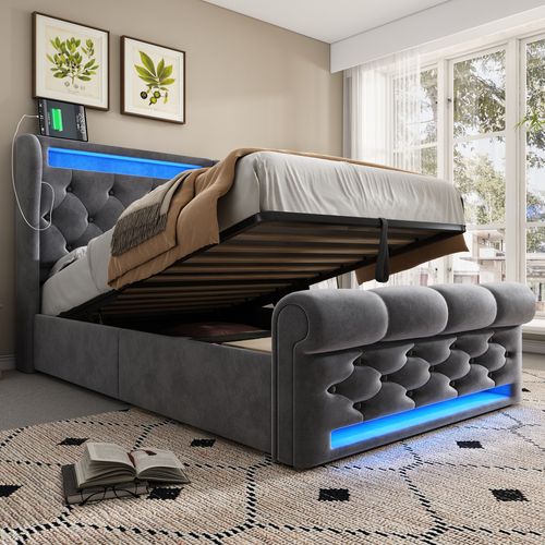 Lit Coffre 90x200 Cm - Lit Simple Avec Rangement - Éclairage LED Et Prises USB - Velours Gris