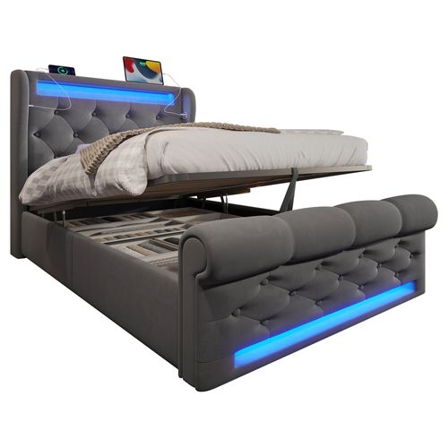 Lit Coffre 90x200 Cm - Lit Simple Avec Rangement - Éclairage LED Et Prises USB - Velours Gris