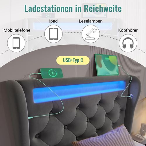 Lit Coffre 90x200 Cm - Lit Simple Avec Rangement - Éclairage LED Et Prises USB - Velours Gris