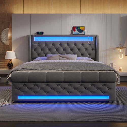 Lit Coffre 140x200 Cm - Lit Double - Rangement - LED Rgb - Prises USB Et Type-c - Velours - Gris