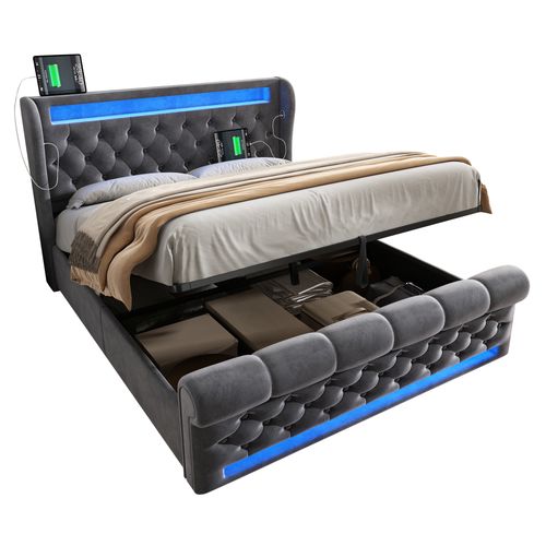 Lit Coffre 140x200 Cm - Lit Double - Rangement - LED Rgb - Prises USB Et Type-c - Velours - Gris