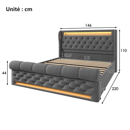 Lit Coffre 140x200 Cm - Lit Double - Rangement - LED Rgb - Prises USB Et Type-c - Velours - Gris