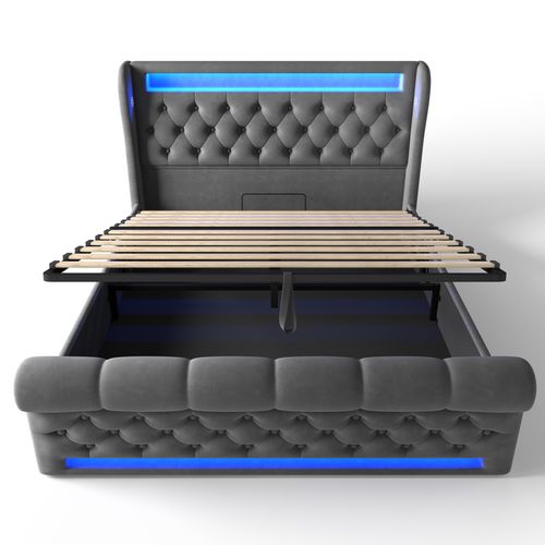 Lit Coffre 140x200 Cm - Lit Double - Rangement - LED Rgb - Prises USB Et Type-c - Velours - Gris