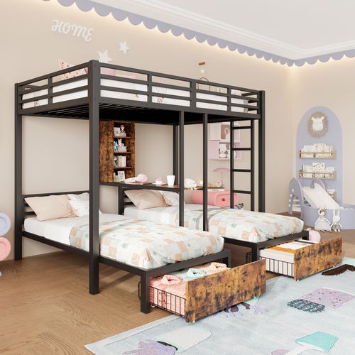 Lit Superposé 140x200 + 90x200 Cm Avec 2 Tiroirs, Métal + Mdf, Sécurisé,  Noir