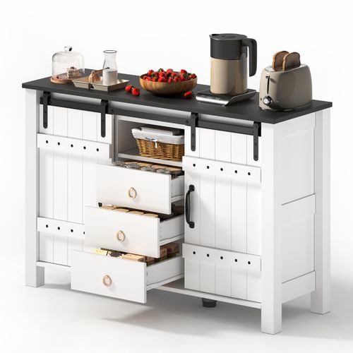 Buffet Bahut - Portes Coulissantes - 3 Tiroirs - Rangement Cuisine Salon - Mdf - Blanc