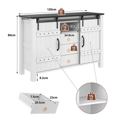 Buffet Bahut - Portes Coulissantes - 3 Tiroirs - Rangement Cuisine Salon - Mdf - Blanc