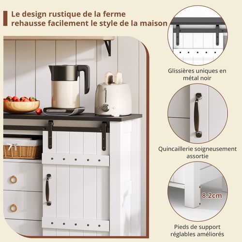 Buffet Bahut - Portes Coulissantes - 3 Tiroirs - Rangement Cuisine Salon - Mdf - Blanc