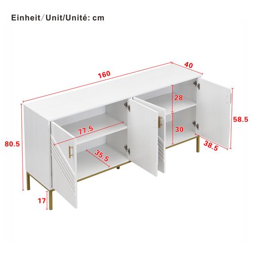 Buffet Contemporain - 4 Portes - Pieds Métal - Rangement Salon Salle à Manger - Bois - Blanc