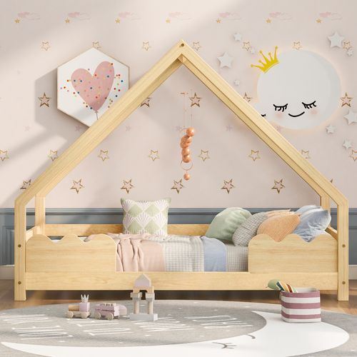 Lit Enfant 90x200 Cm - Lit Simple Avec Barrières De Sécurité - Design Maison - Robuste - Naturel