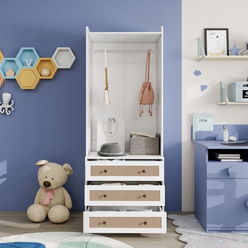 Armoire - Bohème - 3 Tiroirs Avec Poignées Noires Et Étagères De Rangement - Anti-basculement -blanc